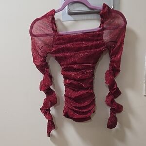 SHEIN Red Long Sleeve Ruched Ruffled Blouse